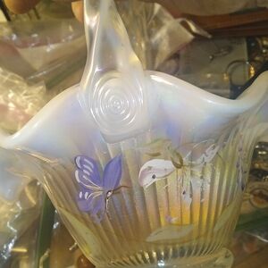 Fenton Hand Signed. Usual Wear. Iridescent Glass Basket with Floral Design